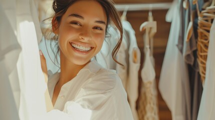 Wall Mural - A woman is smiling and standing in front of a closet full of clothes