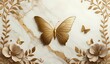 marble background with flower designs and butterfly silhouette, wall decoration in gold tones