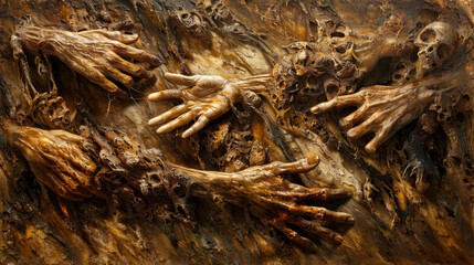 A haunting painting depicting hands of zombies rising ominously from the earth, conveying a sense of horror and dread