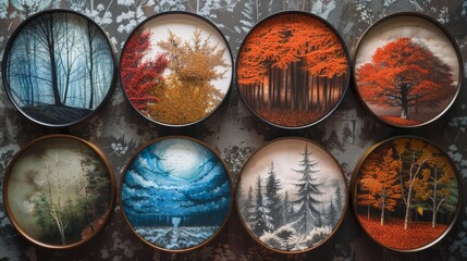 Canvas Print - a collection of eight round paintings of different scenes of nature