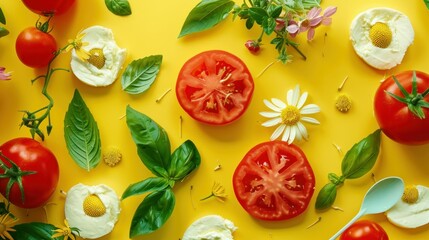 Poster - Fresh organic ingredients for a healthy and delicious homemade meal arrangement with a spoon on a bright yellow background