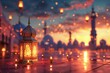 Nighttime Illumination Traditional Islamic Lantern Glowing in Front of Mosque Under Starry Sky