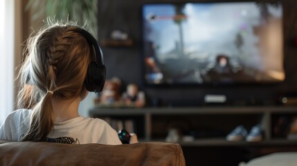 Young kid playing video games at home