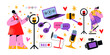 Characters video bloggers with a camera and a smartphone in their hands. Trendy streamer stickers, blogging, a large number of subscribers, online channel, live broadcast. Vector mascots