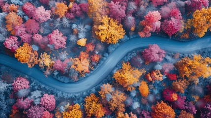Wall Mural - Aerial Perspective: Contrast of Road and Autumn Forests, generative ai