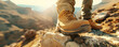 3D close-up on a workers boots stepping over rugged terrain, showcasing the toughness of construction life.