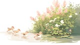 Fototapeta Desenie - Ducklings racing on a sunlit pond, yellows and greens, light watercolor,white background.