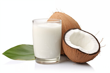 Wall Mural - A glass of Coconut juice and a half of Coconut fruit isolated on white background cutout