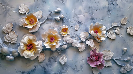 Wall Mural - light decorative texture of plaster wall with volumetric decorative flowers.