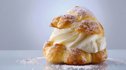 Sticker - Close-up of a fresh cream puff with powdered sugar. Perfect for bakery and dessert concepts. A delicious pastry in a clean setting. AI