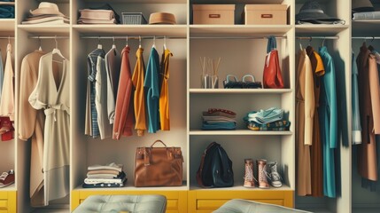 Wall Mural - A closet full of clothes and a brown leather purse