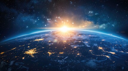 Wall Mural - Sunrise over Earth: Stunning 3D Rendering of Space with Planet Earth and Stars Background