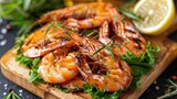 Fototapeta  - Delicious salad grilled shrimp seafood with lettuce vegetable on wooden cutting board. AI generated
