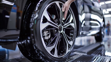 Poster - A person is touching the tire of a car on an assembly line, AI