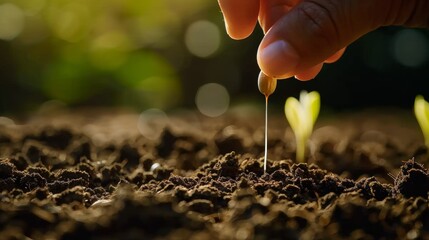 Wall Mural - A person is holding a seedling in the dirt with their finger, AI