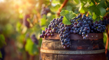 A Wooden Barrel Overflowing With Freshly Harvested Grapes, Their Deep Purple Hues Promising The Rich Flavors Of Wine To Come.