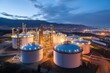 Arial view of oil storage tanks in oil refinery an night
