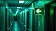 Building corridor with light green emergency exit sign hanging on ceiling. AI generated image