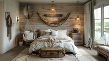 A Nautical Kingsize Bedroom With A Shiplap Accent Wall, A Rope Hammock Chair, And Model Sailboats On Display.