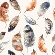 Watercolor boho feathers in a seamless pattern, combining earthy tones for a natural, rustic home aesthet. Seamless Pattern, Fabric Pattern, Tumbler Wrap, Mug Wrap.