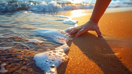 Canvas Print - A person touching the sand at a beach with waves, AI