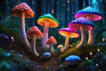 Generative AI, Beautiful and awesome neon colorful mushrooms, Magical views of neon colorful mushrooms, Beautiful view of neon colorful mushrooms in the thickets of forest bushes, small neon mushrooms