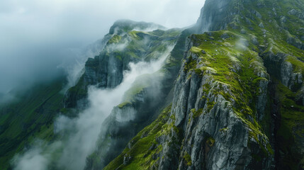 Wall Mural - Mystical mountain highs enveloped in fog with lush greenery and stark cliff faces