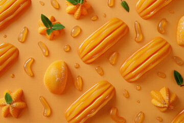 Wall Mural - Closeup of fresh oranges drizzled with syrup and garnished with leaves on a rustic wooden table