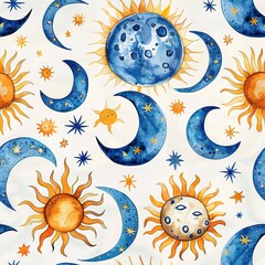 Wall Mural - Watercolor seamless background featuring crescent moons and radiant suns in a mystical boho chic style. Seamless Pattern, Fabric Pattern, Tumbler Wrap, Mug Wrap.