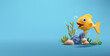 Coral reefs and smiling goldfish, 3D. Banner for advertising. Vector