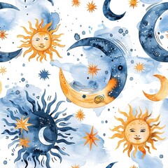 Wall Mural - Watercolor seamless pattern blending boho suns and moons with ethereal textures for a whimsical fabric design. Seamless Pattern, Fabric Pattern, Tumbler Wrap, Mug Wrap.