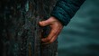 © starush - A hand reaching out to touch a rock wall in the water, AI