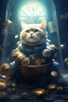 A cat wearing a space suit is sitting in a goldfish bowl