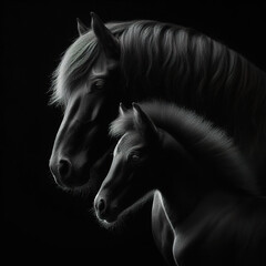 Wall Mural - Black background Rim light a Horse mother and her baby in profile photography, with the light shining on its fur