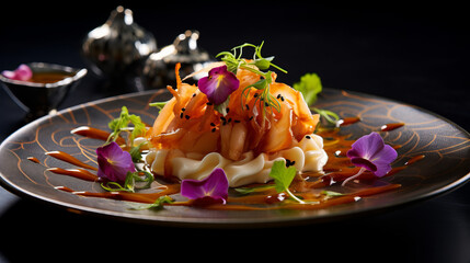 A plate of food with a sauce and flowers on top