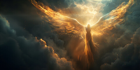 Wall Mural - Angel mythology, abstract oil painting of a beautiful, mighty flying angel spreading arms and wings. Dramatic mythology vibe background, clouds and sunrays, representing good and evil.