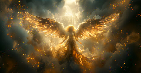 Wall Mural - Angel mythology, abstract oil painting of a beautiful, mighty flying angel spreading arms and wings. Dramatic mythology vibe background, clouds and sunrays, representing good and evil.
