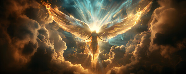 Wall Mural - Angel mythology, abstract oil painting of a beautiful, mighty flying angel spreading arms and wings. Dramatic mythology vibe background, clouds and sunrays, representing good and evil.