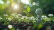 Smiling stick figure in the sunshine nurturing young plants depicts a serene moment of care and growth