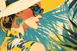 A vintage-style collage of an elegant woman in retro attire, standing against the backdrop of palm trees and sunkissed beaches. She wears sunglasses and has a wide-brimmed hat on her head. 
