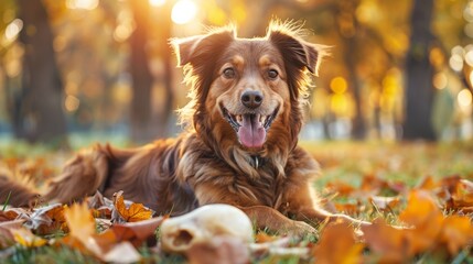 Sticker - A dog laying in the grass with a skull on it's head, AI