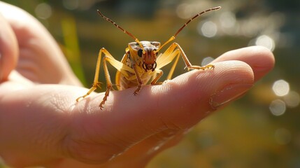 Poster - A close up of a bug on the palm of someone's hand, AI