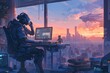  AI robot sitting at the computer desk, wearing headphones and looking thoughtfully into space with city view in background. 