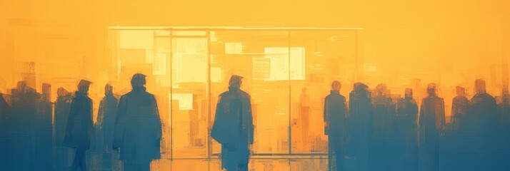 The blurred motion of people walking past store windows with orange signs, creating an abstract background