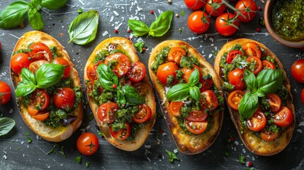 Sticker -   Several slices of bread, topped with tomatoes, basil, and pesto A nearby bowl holds additional pesto