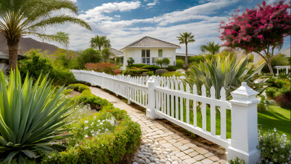 Wall Mural - White fence and garden