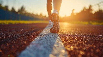 Canvas Print - A person's feet are running on a track at sunset, AI