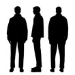 Vector silhouettes of three men standing, profile, back view, business people, black color, isolated on white background
