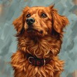 A beautifully painting detailed portrait of a golden retriever with a deep, soulful gaze, highlighted by a rustic brown collar.
