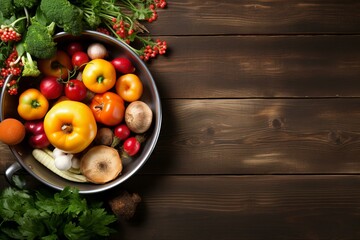 Wall Mural - Fresh organic fruits and vegetables on wooden background,ai generated